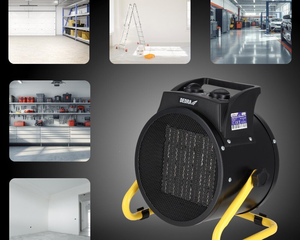 Nagrzewnica elektryczna DEDRA DED9931C, nawiew, PTC, ogrzewanie, ciepło, Dedra DED9931C na czarnym tle, sceny zastosowań – garaż, remont, warsztat, hala, pomieszczenie.