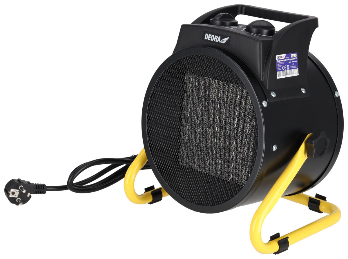 Nagrzewnica elektryczna DEDRA DED9931C, ceramika, szybkość, podwyższanie, użytkowe, Nagrzewnica DEDRA DED9931C, profil boczny, żółty uchwyt z regulacją kąta, widoczny przewód zasilający.