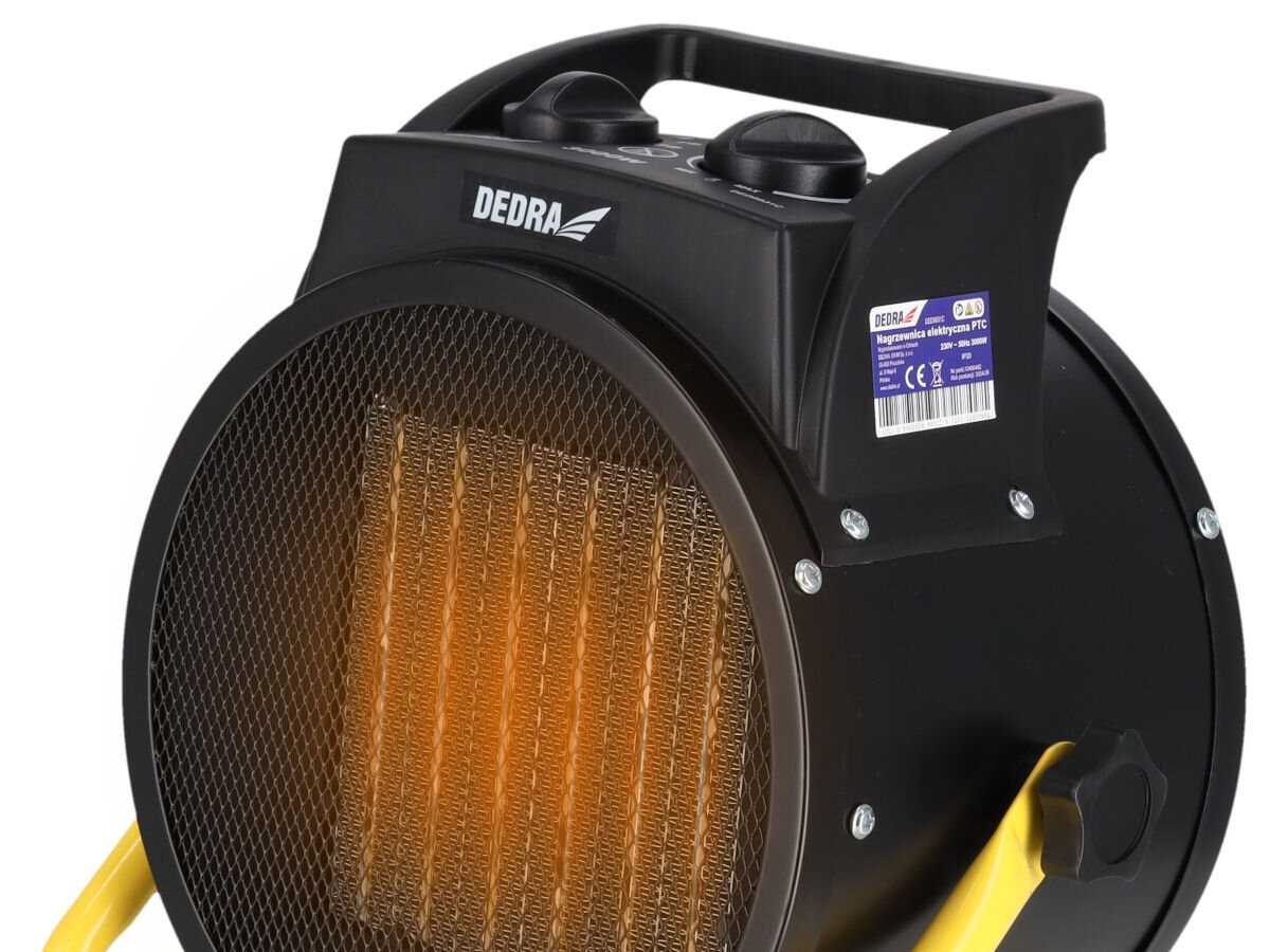 Nagrzewnica elektryczna DEDRA DED9931C, 3000W, 217m³/h, efektywność, oszczędność, Rozgrzana nagrzewnica DED9931C na jasnym tle, żółty stelaż, wyraźny pomarańczowy żar ceramiczny.