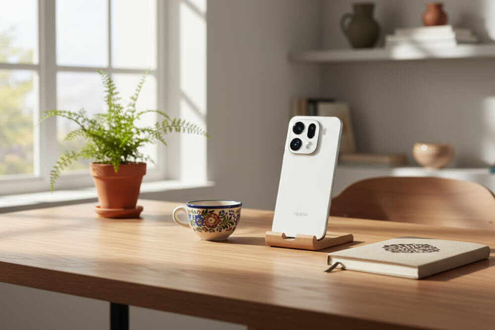 OPPO Find X9 Pro smartfon z systemem aparatów Hasselblad 200 MP teleobiektyw zoom 120x professional photography Smartfon OPPO w kolorze białym ustawiony pionowo na drewnianej podstawce na jasnym, drewnianym stole. Obok stoi filiżanka z ludowym wzorem, a za nią doniczka z paprotką. W tle widoczne jest jasne okno i półka z książkami i dekoracjami.