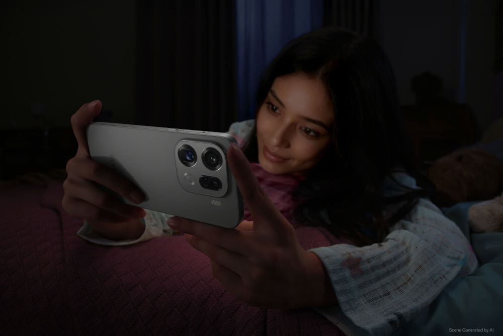 OPPO Find X9 Pro aparat Hasselblad 50 MP Sony LYT-828 OIS 200 MP teleobiektyw ultraszerokokątny 50 MP Młoda kobieta leżąca w półmroku, patrząca na ekran smartfona OPPO trzymanego w dłoniach, robiąc selfie lub nagrywając wideo. Ekran emituje delikatne, różowe światło oświetlające jej twarz. Widoczny jest tył smartfona w kolorze szarym/srebrnym z modułem aparatu.