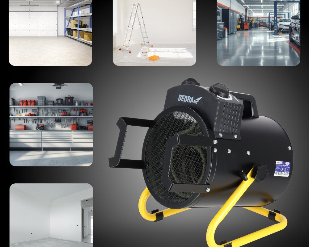 Nagrzewnica elektryczna DEDRA DED9931B, ogrzewanie, solidne, proste, nawiew, DEDRA DED9931B na czarnym tle, grafika z ikonami – garaż, remont, warsztat, hala, pomieszczenie.