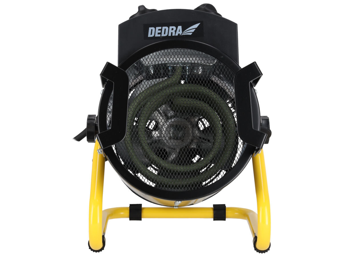 Nagrzewnica elektryczna DEDRA DED9931B, 3kW, 354m³/h, komfort, uniwersalność, DEDRA DED9931B – widok frontowy, wyraźna spirala grzałki, maskownica, żółta rama.