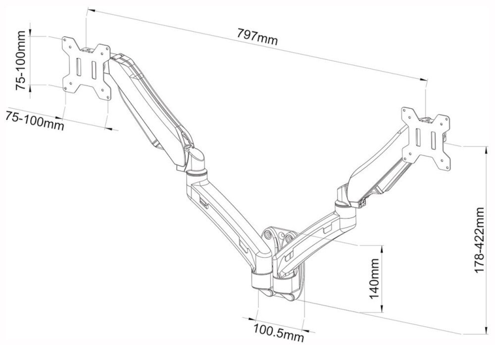 ART L-14GW ART L-14GW obrót w poziomie o 40° regulacja w pionie +90° / -45° standard VESA 75 × 75 oraz 100 × 100 Metalowa rama monitora - podstawa uchwytu