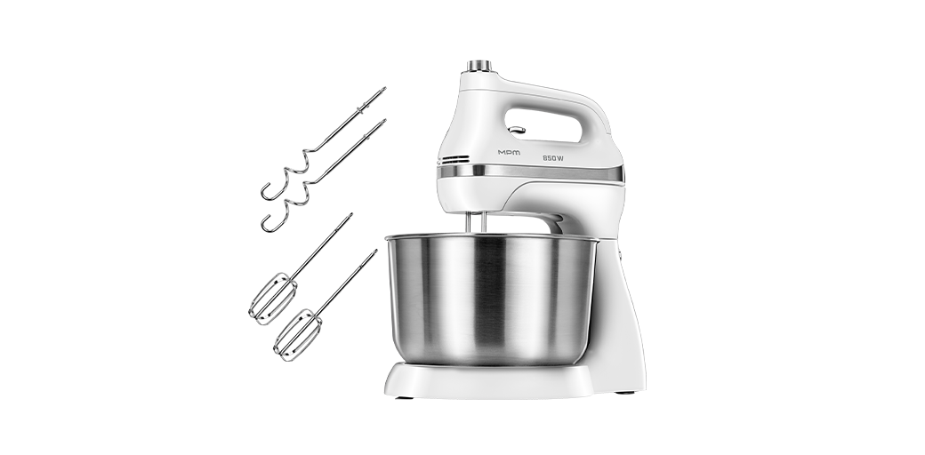 Mikser z misą obrotową MMR-26Z/B, obok dwie pary wymiennych mieszadeł.