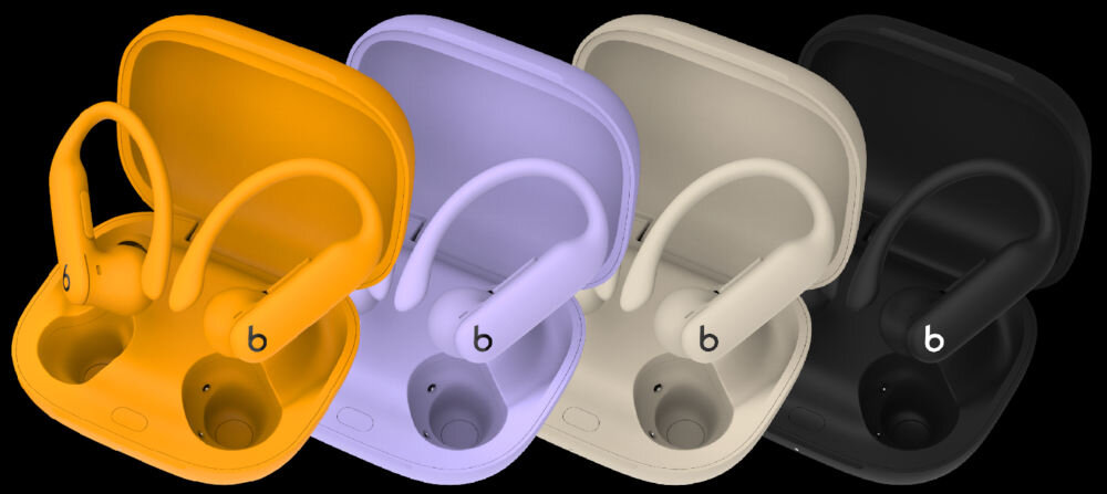 Słuchawki dokanałowe BEATS Powerbeats Pro 2 Niedościgniona czerń wybierz swój kolor, cztery wersje kolorystyczne, niedościgniona czerń, piaskowa burza, hiperfiolet, 
					elektryzujący pomarańczowy, słuchawki oraz etui w czterech wersjach kolorystycznych na szarym tle