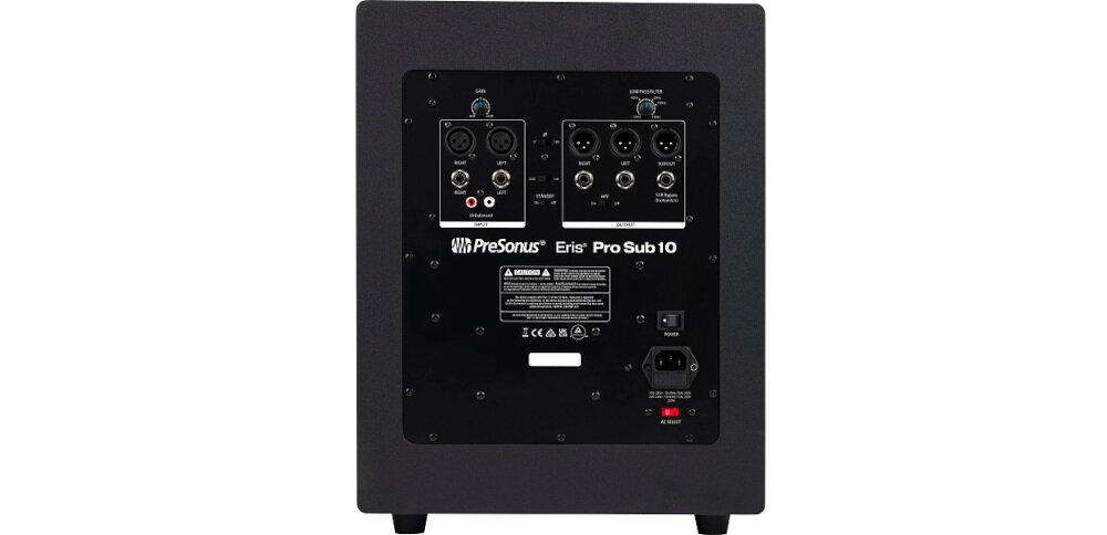 Tył subwoofera z widocznymi złączami audio i napisem \'PreSonus Eris Pro Sub 10\'.