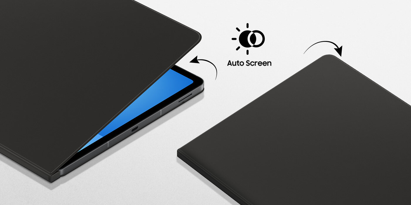 Dwa urządzenia Galaxy Tab S10 FE Plus z założonym etui Smart Book Covers leżą płasko. Obudowa jednego urządzenia jest lekko otwarta, a ekran jest włączony, aby pokazać funkcję automatycznego wybudzania. Drugie urządzenie jest wyłączone, a obudowa jest opuszczona.