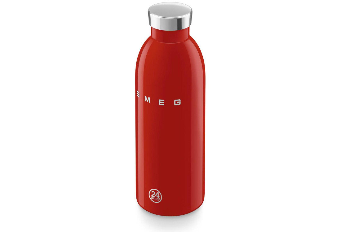 Czerwona butelka termiczna z napisem \'SMEG\' i srebrnym korkiem. Na dole widnieje symbol \'24 bottles\'.