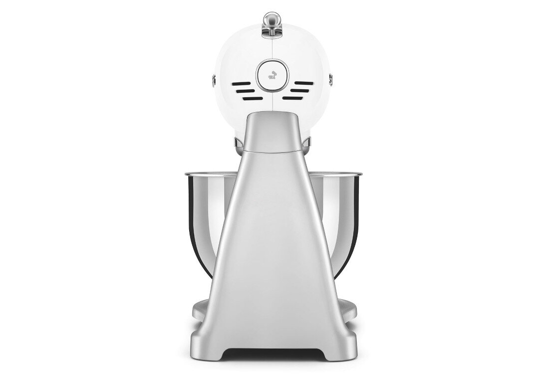 Robot kuchenny planetarny w kolorze biało-stalowym, widoczny od tyłu z metalową misą. Na górnej części obudowy znajduje się logo producenta.