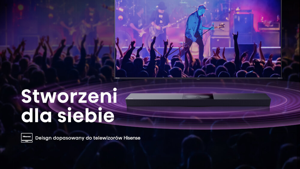 Soundbar HISENSE HS2000 stylowy design niskoprofilowy, tłum bawiący się na koncercie, soundbar oraz telewizor