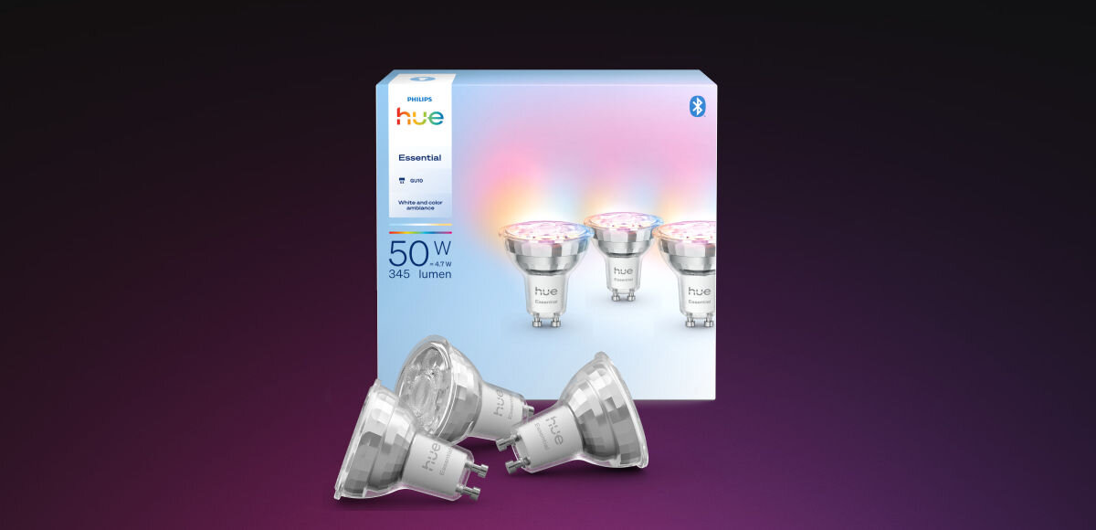 ŻARÓWKA GU10 345LM 3SZT PHILIPS HUE ESSENTIAL WHITE AND COLOR AMBIANCE , opakowanie, zestaw, zawartość, paczka, na zdjęciu opakowaie i zawartość opakowania żarówek