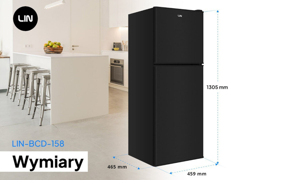 LODÓWKA LIN LI-BCD-158 CZARNA lifestyle kuchnia front zamknięte drzwi kolor czarny wymiary pojemność 72 l wnętrze półki pojemnik na jajka podział chłodzenie mrożenie