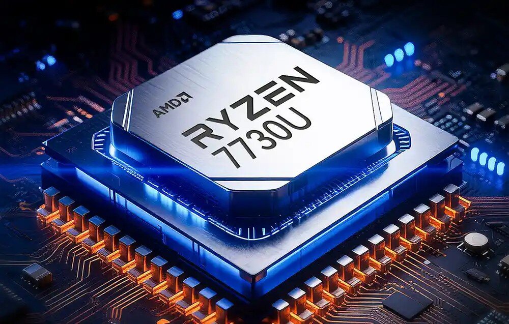 Komputer GMKTEC M5 Ultra Widok z bliska na procesor z napisem 'AMD RYZEN 7730U' umieszczony na ciemnej płytce drukowanej z widocznymi licznymi komponentami elektronicznymi wokół