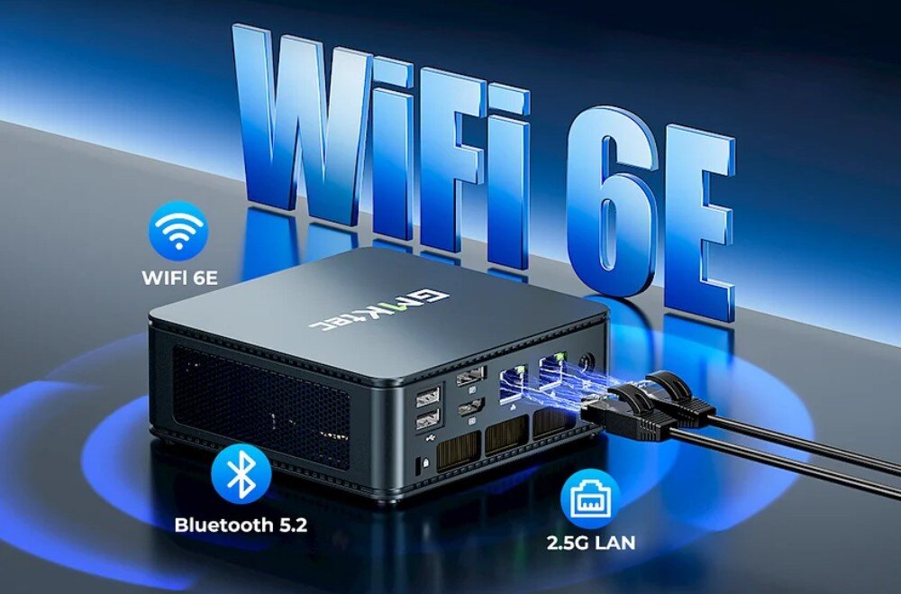 Komputer GMKTEC M5 Ultra Mały ciemny komputer z ikonami Wi-Fi 6E, Bluetooth 5.2 oraz 2.5G LAN umieszczony na tle dużego napisu 'WiFi 6E' i niebieskich okręgów