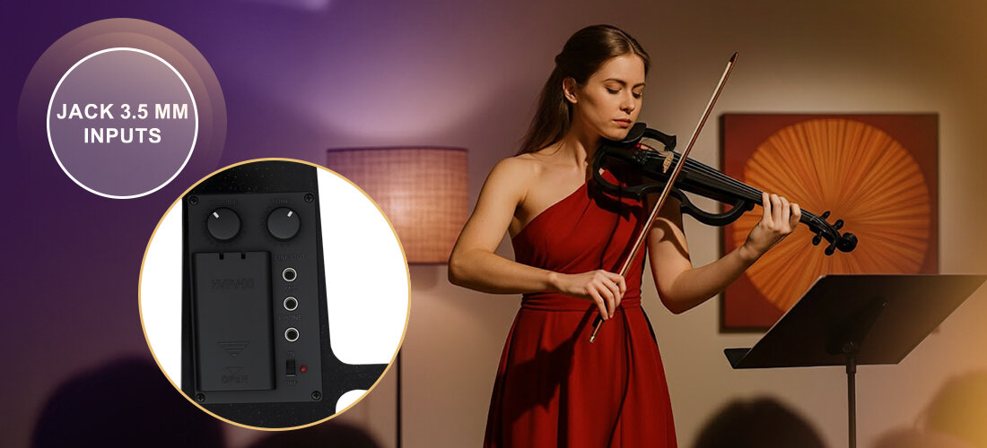 Skrzypce elektryczne MUSICMATE MM-VN200-B StradiVolt pickup VOLUME TONE scena, osoba ze skrzypcami w rękach