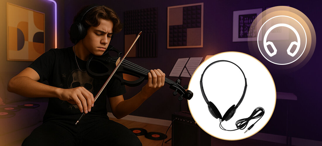 Skrzypce elektryczne MUSICMATE MM-VN200-B StradiVolt regulacja TONE VOLUME kontrola dźwięku, osoba ze skrzypcami w rękach oraz z założonymi słuchawkami nausznymi