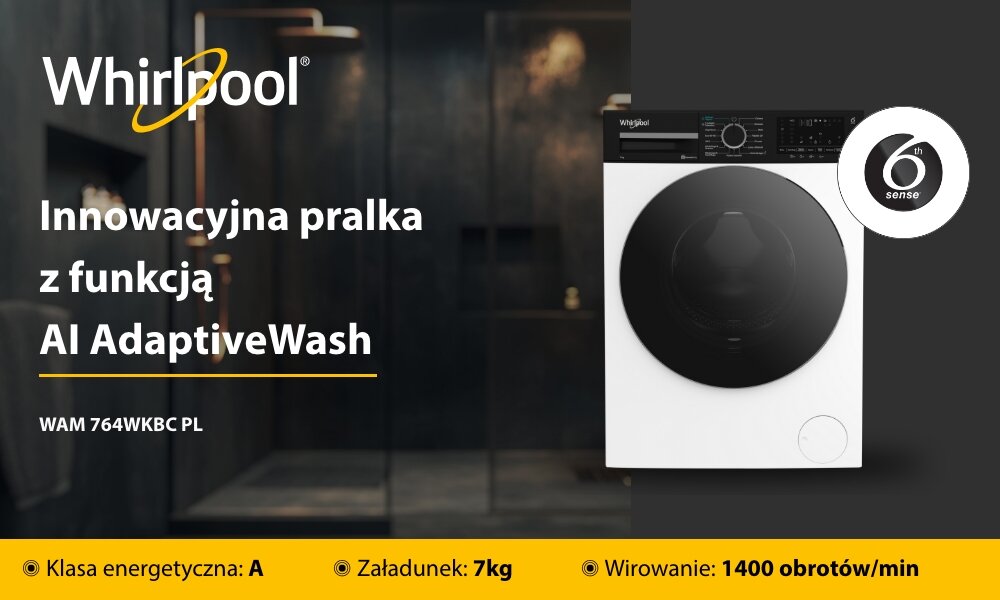PRALKA WHIRLPOOL WAM 764WKBC PL wizualizacja lifestyle hasło marka model cechy najważniejsze funkcje pojemność wirowanie obroty pralka front zamknięta panel pokrętło Pralka do zadań specjalnych