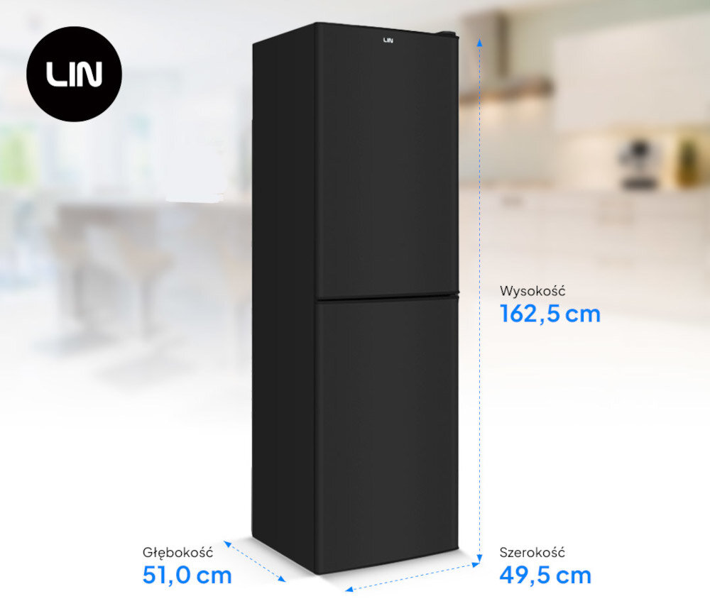 LODÓWKA LIN LI-BFD196 CZARNA front zamknięta wymiary zdjęcie techniczne pojemność 116 l wygodny układ łatwe dopasowanie konstrukcja