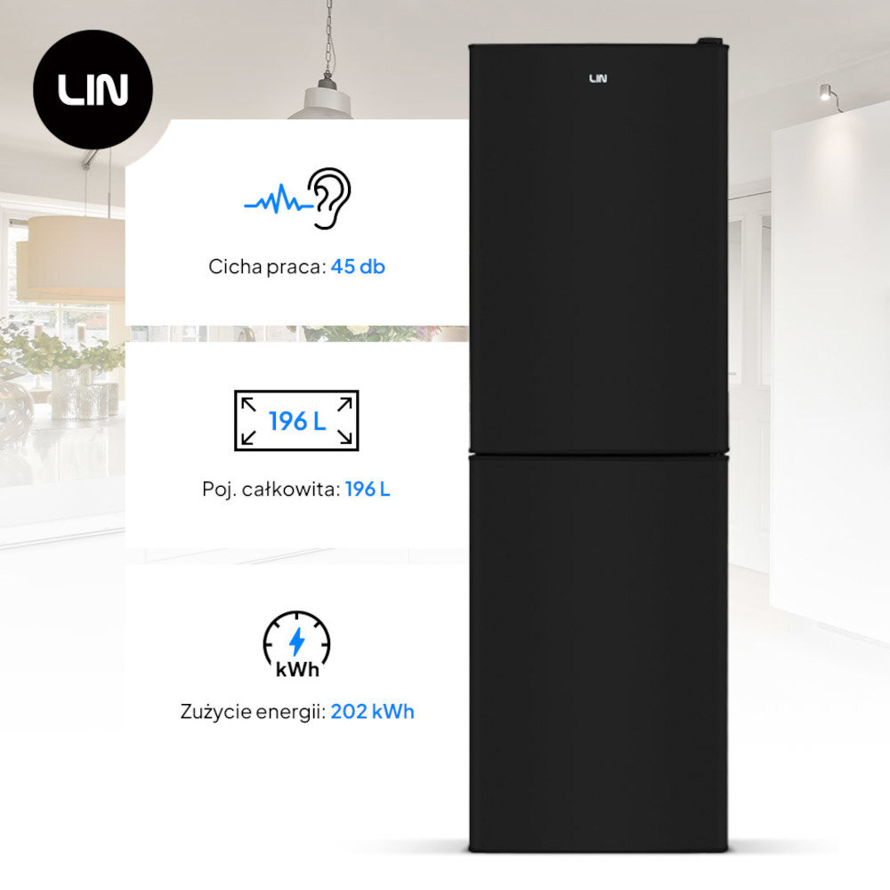LODÓWKA LIN LI-BFD196 CZARNA cechy parametry front zamknięta cicha praca komfort głośność 45 dB