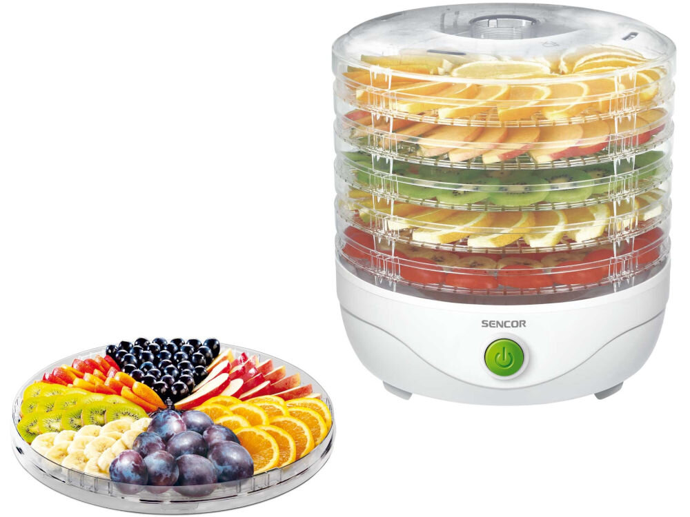 Suszarka do grzybów SENCOR SFD 750WH 5 tac do suszenia duża powierzchnia rozmieszczenia produktów zintegrowany wentylator równomierne suszenie na kazdym piętrze wysoka jakość suszonych produktów siatka tacy zapobieganie powstawaniu pleśni optymalizacja przepływu powietrza wsparcie procesu suszenia