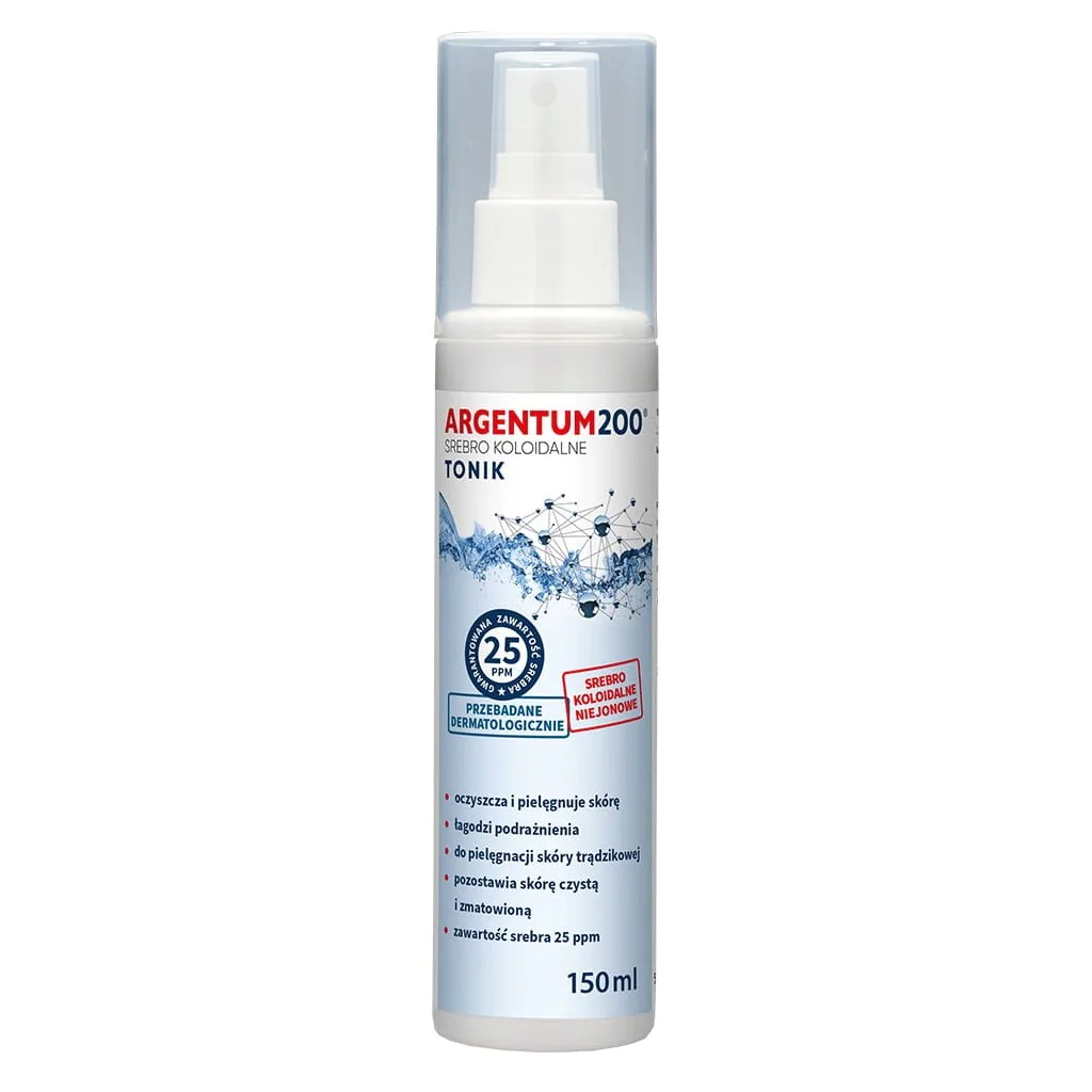 Butelka z aerozolem o pojemności 150 ml z etykietą \'ARGENTUM 200 SREBRO KOLOIDALNE TONIK\'. Na etykiecie widnieje informacja o zawartości srebra 25 ppm oraz przeznaczeniu do pielęgnacji skóry.