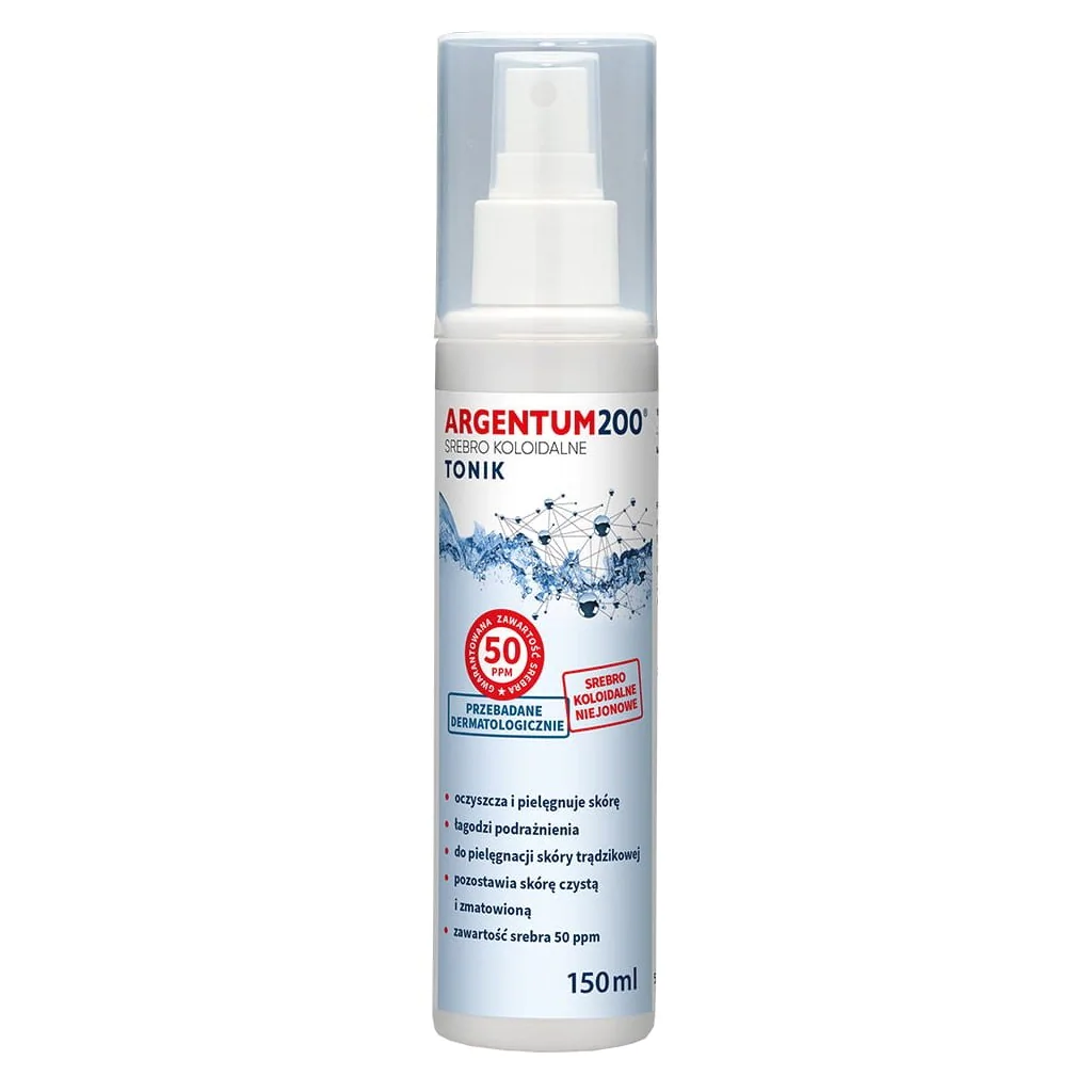 Butelka z aerozolem o pojemności 150 ml z etykietą \'ARGENTUM 200 Srebro Koloidalne Tonik\'. Na etykiecie widnieje tekst: \'oczyszcza i pielęgnuje skórę, łagodzi podrażnienia, do pielęgnacji skóry trądzikowej, pozostawia skórę czystą i zmatowioną, zawartość srebra 50 ppm\'.