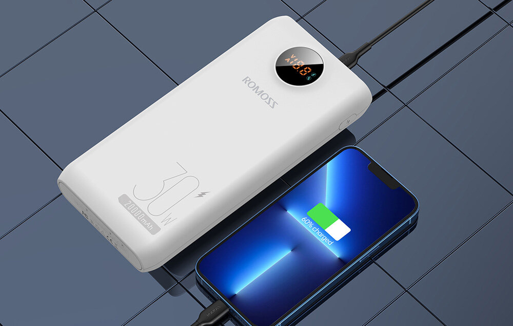 Powerbank ROMOSS SW20S Pro 20000mAh 30W  pojemność moc porty wyjścia USB-A USB typ-C ładowanie szybkość ekran diody wymiary waga odporny bezpieczny