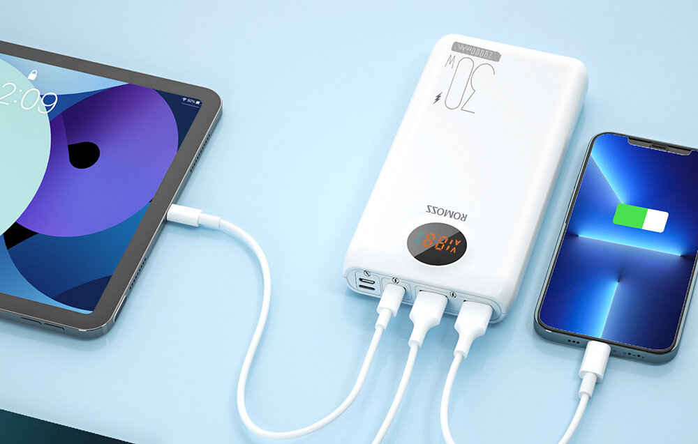Powerbank ROMOSS SW20S Pro 20000mAh 30W  pojemność moc porty wyjścia USB-A USB typ-C ładowanie szybkość ekran diody wymiary waga odporny bezpieczny