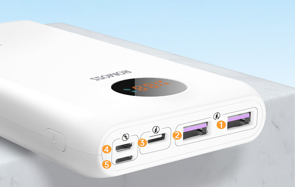 Powerbank ROMOSS SW20S Pro 20000mAh 30W  pojemność moc porty wyjścia USB-A USB typ-C ładowanie szybkość ekran diody wymiary waga odporny bezpieczny