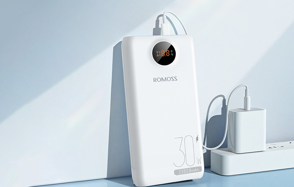 Powerbank ROMOSS SW20S Pro 20000mAh 30W  pojemność moc porty wyjścia USB-A USB typ-C ładowanie szybkość ekran diody wymiary waga odporny bezpieczny