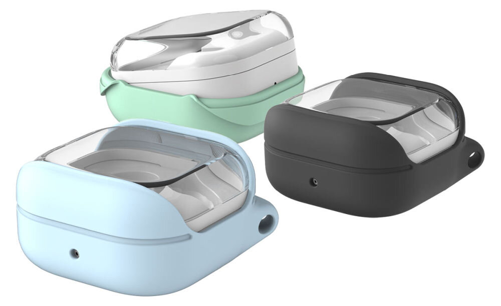 Araree Bean - kompatybilność z Galaxy Buds, ładowanie, możliwość breloka, trzy pary etui na jasnym tle