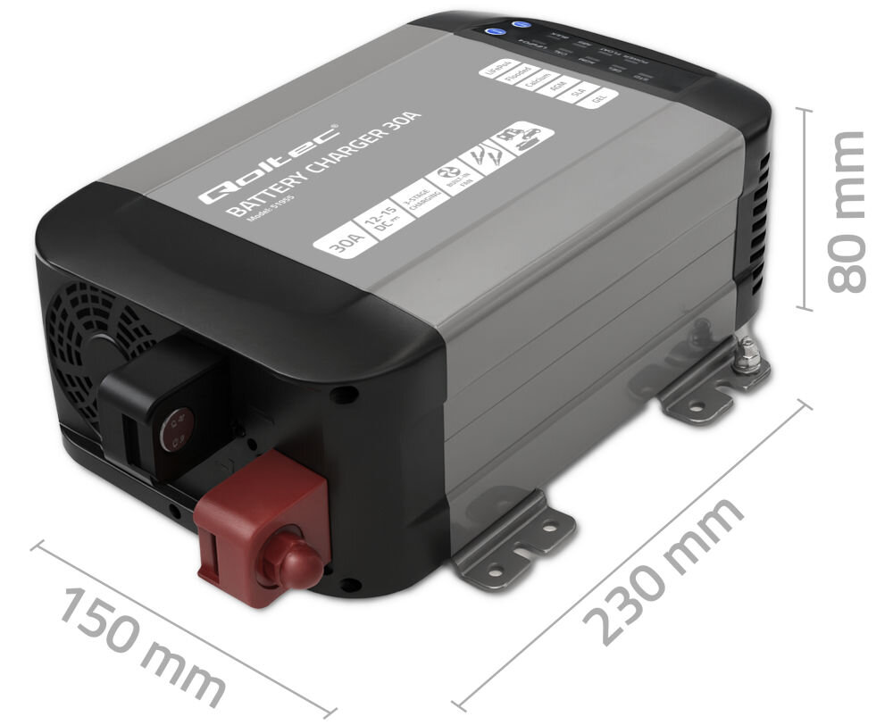 Inteligentna ładowarka QOLTEC Monolith 51955 do akumulatorów LIFEPO4 AGM GEL SLA 30A 12V, energia, przekładanie, korzyść, przygotowanie, na białym tle akumulator wraz z jej wymiarami
