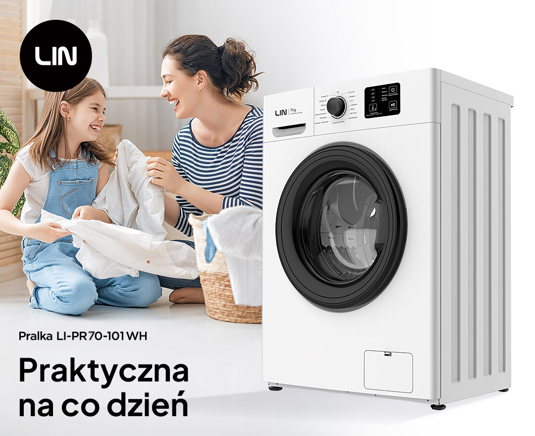 Pralka LIN LI-PR70-101WH Zdjęcie ukazuje pralkę LIN obok sceny rodzinnego składania prania w jasnym, przytulnym pomieszczeniu. Grafika podkreśla codzienną praktyczność urządzenia