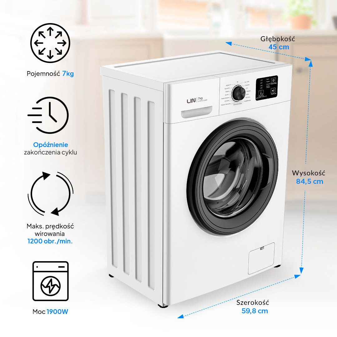Pralka LIN LI-PR70-101WH Zdjęcie prezentuje pralkę LIN z opisanymi wymiarami oraz ikonami informującymi o kluczowych parametrach, takich jak pojemność 7 kg, 1200 obr./min i moc 1900 W. Urządzenie pokazano w jasnym, domowym wnętrzu dla podkreślenia kompaktowych rozmiarów ładowana od frontu codzienne pranie małe gospodarstwo domowe wygoda użytkowania pojemność 7 kg prędkość 1200 obr min wydajne pranie skuteczne wirowanie tekstylia odzież