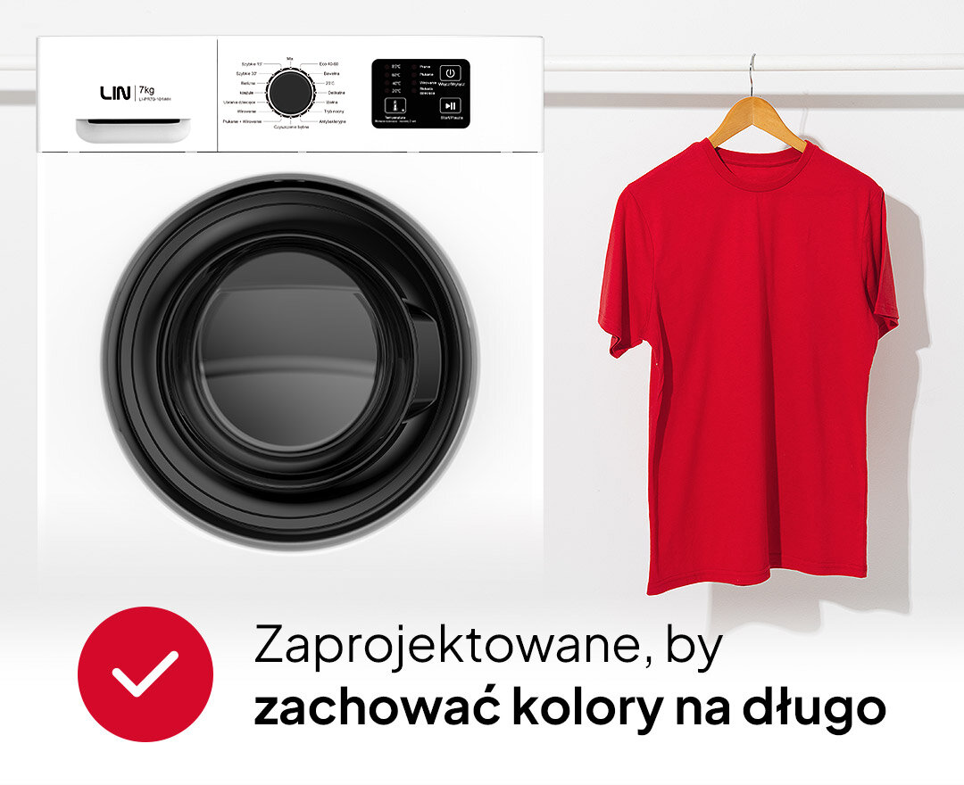 Pralka LIN LI-PR70-101WH Zdjęcie przedstawia białą pralkę LIN ustawioną obok czerwonej koszulki wiszącej na wieszaku. Grafika podkreśla funkcję zachowywania intensywności kolorów podczas prania pranie 20 stopni oszczędność energii ochrona kolorów niskie zużycie prądu delikatne pranie ciche pranie tryb nocny pranie wieczorem niski hałas komfort użytkowania