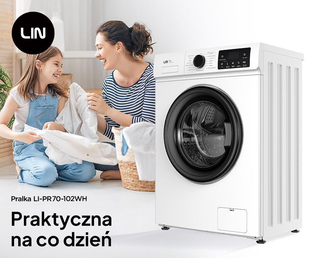 Pralka LIN LI-PR70-102WH Zdjęcie ukazuje pralkę LIN obok sceny rodzinnego składania prania w jasnym, przytulnym pomieszczeniu. Grafika podkreśla codzienną praktyczność urządzenia