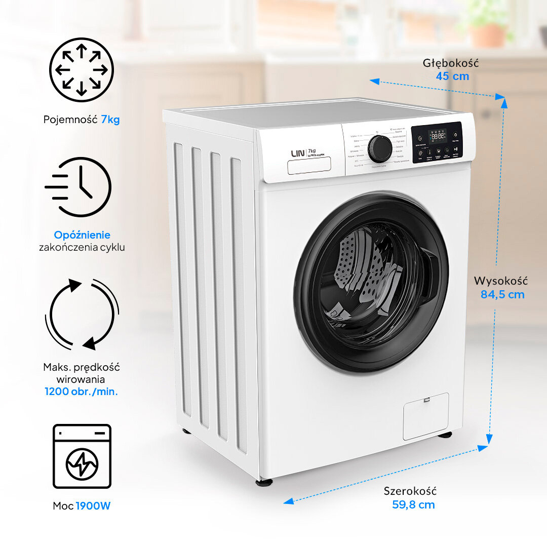 Pralka LIN LI-PR70-102WH Zdjęcie prezentuje pralkę LIN z opisanymi wymiarami oraz ikonami informującymi o kluczowych parametrach, takich jak pojemność 7 kg, 1200 obr./min i moc 1900 W. Urządzenie pokazano w jasnym, domowym wnętrzu dla podkreślenia kompaktowych rozmiarów ładowana od frontu codzienne pranie małe gospodarstwo domowe wygoda użytkowania pojemność 7 kg prędkość 1200 obr min wydajne pranie skuteczne wirowanie tekstylia odzież