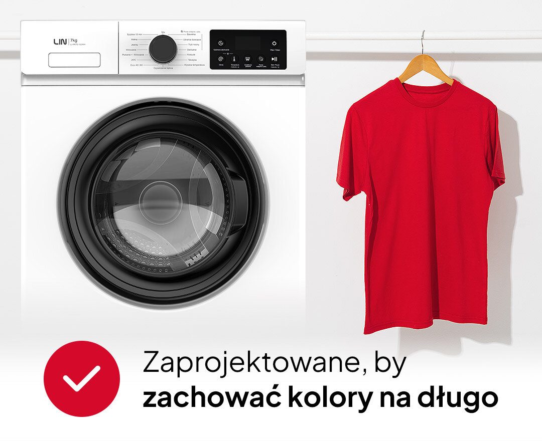 Pralka LIN LI-PR70-102WH Zdjęcie przedstawia białą pralkę LIN ustawioną obok czerwonej koszulki wiszącej na wieszaku. Grafika podkreśla funkcję zachowywania intensywności kolorów podczas prania pranie 20 stopni oszczędność energii ochrona kolorów niskie zużycie prądu delikatne pranie ciche pranie tryb nocny pranie wieczorem niski hałas komfort użytkowania