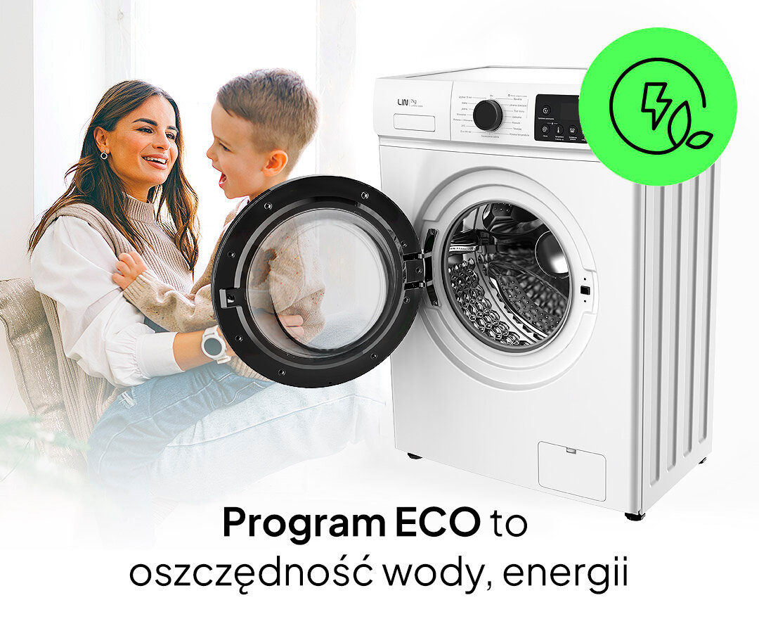 Pralka LIN LI-PR70-102WH Zdjęcie pokazuje pralkę LIN obok dorosłej osoby i dziecka siedzących razem w jasnym wnętrzu. Duża zielona ikona symbolizuje program ECO, podkreślając oszczędność wody i energii program szybki 15 minut szybkie odświeżanie ubrań program eco oszczędność wody energii ekonomiczne pranie