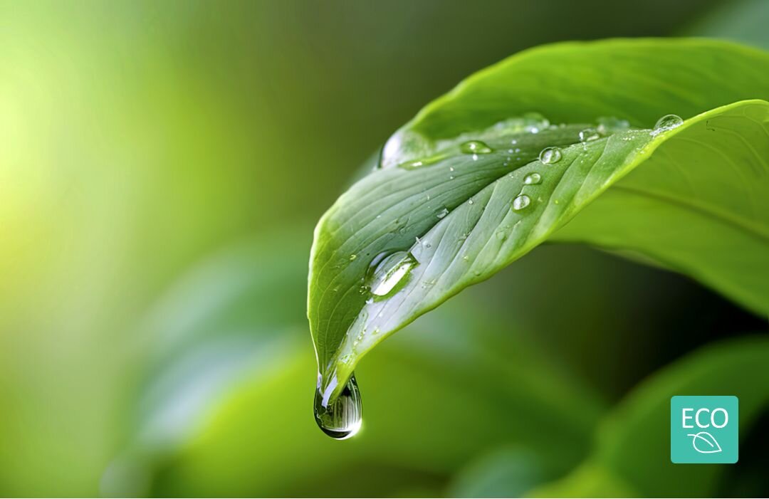 ZMYWARKA GORENJE GV520E15 Makrofotografia zielonego liścia z kroplami wody na rozmytym, zielonym tle, w prawym dolnym rogu znajduje się ikonka „ECO”, podkreślająca energooszczędny i przyjazny środowisku charakter urządzeń