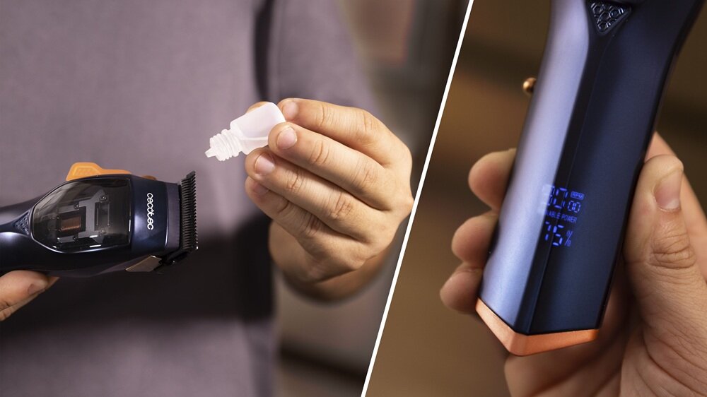 Strzyżarka CECOTEC PrecisionCare Expert Vector wskaźnik konserwacji, naoliwienie ostrzy, poziom naładowania, regularna pielęgnacja