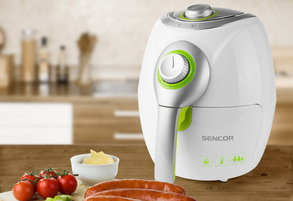 Frytkownica beztłuszczowa SENCOR SFR 3220WH Air Fryer Bezpieczne użytkowanie ochrona Dodatkowe zabezpieczenia blokada kosza automatyczne wyłączanie z wysokiej jakości tworzywa sztucznego wykonanie wymiary wygodnie przechowywać