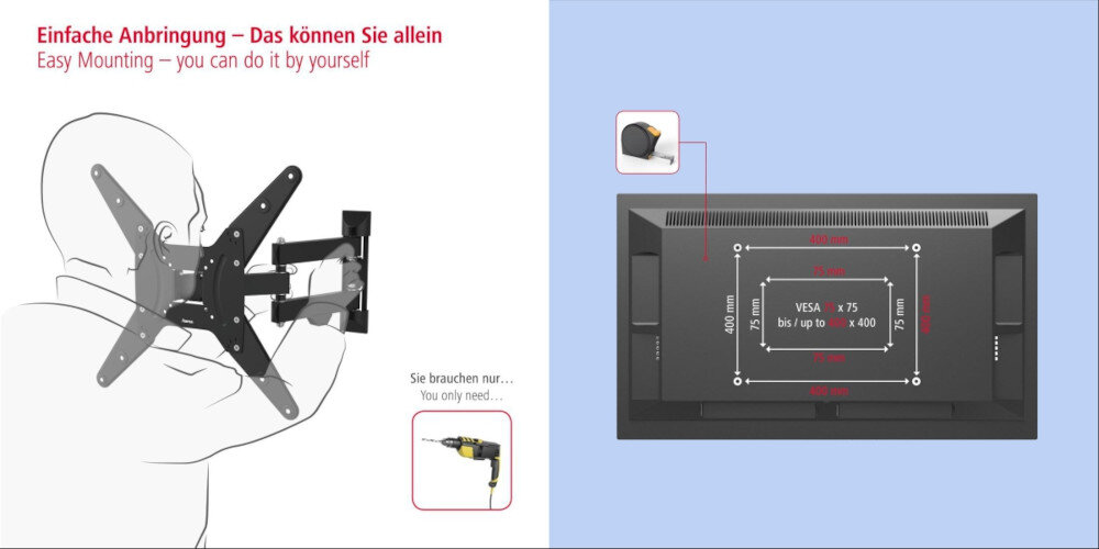 Uchwyt HAMA do TV 32-65 cali Fullmotion 220824 - Szybki i łatwy montaż