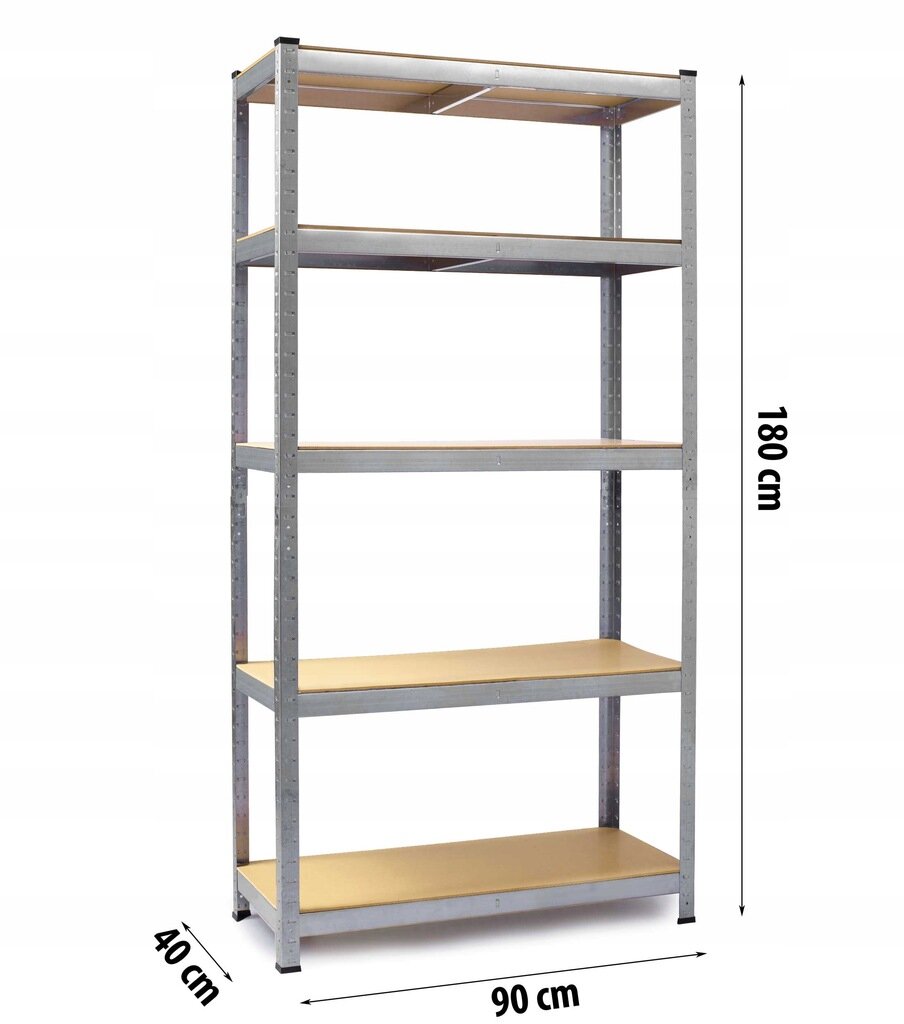 Metalowy regał magazynowy z pięcioma półkami, o wymiarach 180 cm wysokości, 90 cm szerokości i 40 cm głębokości. Półki wykonane są z jasnego materiału, a konstrukcja z metalu.