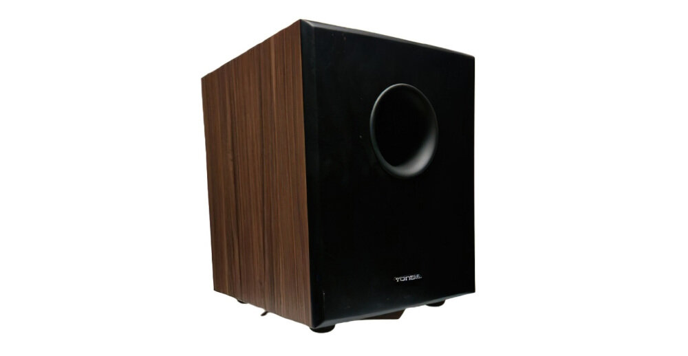 Subwoofer TONSIL AKTIV 250 A - Potężne brzmienie basów, subwoofer po skosie na białym tle