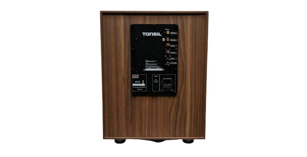 Subwoofer TONSIL AKTIV 250 A - Solidna i stabilna konstrukcja, subwoofer od tyłu na białym tle