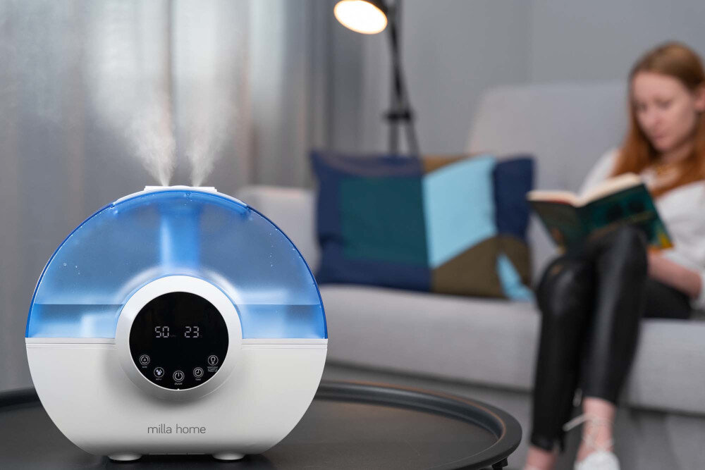 Nawilżacz MILLA HOME MAH600 ultradźwiękowy pojemnik 5,3L higrostat wyglad front cicha praca pomiesczenia wydajnosc