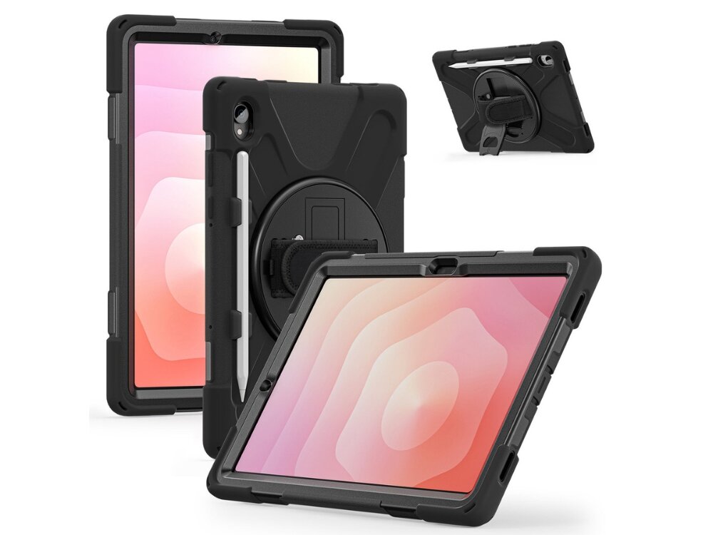 Etui 4SMARTS Rugged Case Grip
                etui podczas upadku na powierzchnie Czarne pancerne etui na tablet pokazane z różnych perspektyw: widok z przodu, z tyłu z uchwytem na dłoń oraz w pozycji stojącej z wysuniętą podpórką i rysikiem.