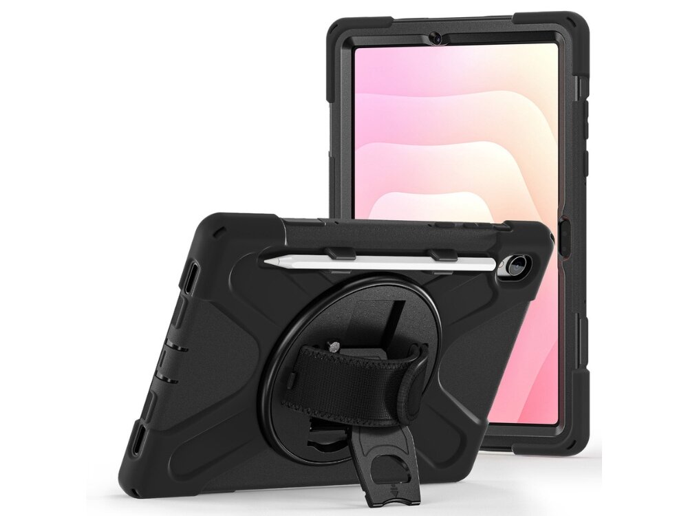 Etui 4SMARTS Rugged Case Grip
                etui rozłożone na części tablet sztywna obudowa poliwęglan elastyczna warstwa tpu zabezpiecza urządzenie zamykane wycięcia na porty Solidne etui ochronne na tablet z tyłu, wyposażone w obrotowy pasek na rękę, rozkładaną nóżkę oraz dedykowane miejsce na rysik.